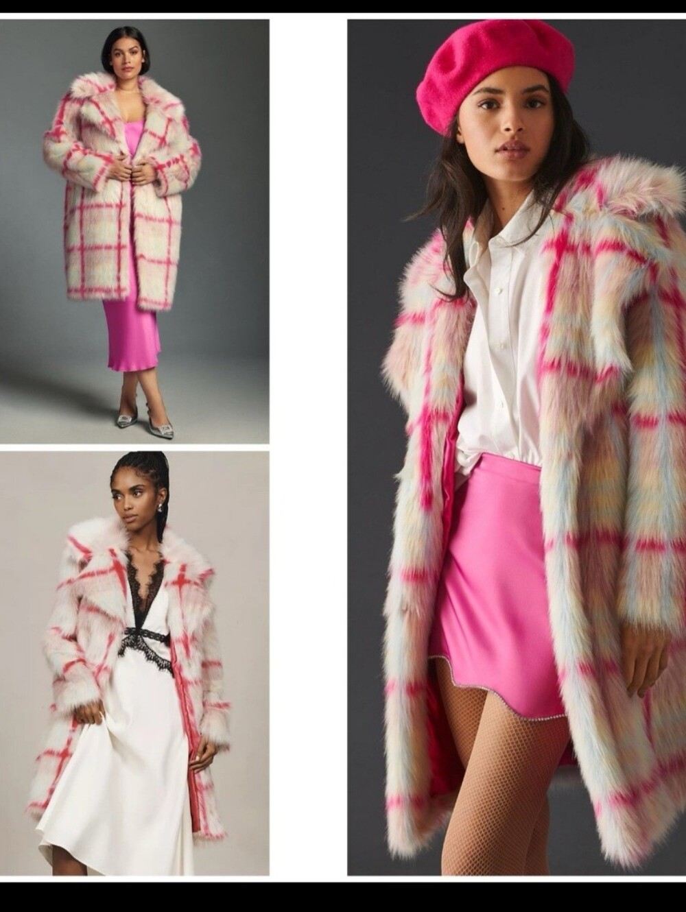 Nvlt Anthropologie Pink Plaid Faux Fur Coat